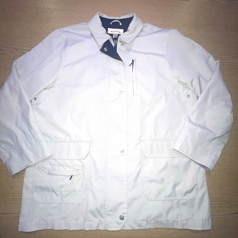 1 Madison Women Utility Jacket L Large White Ivory Anorak Cargo Pockets Striped